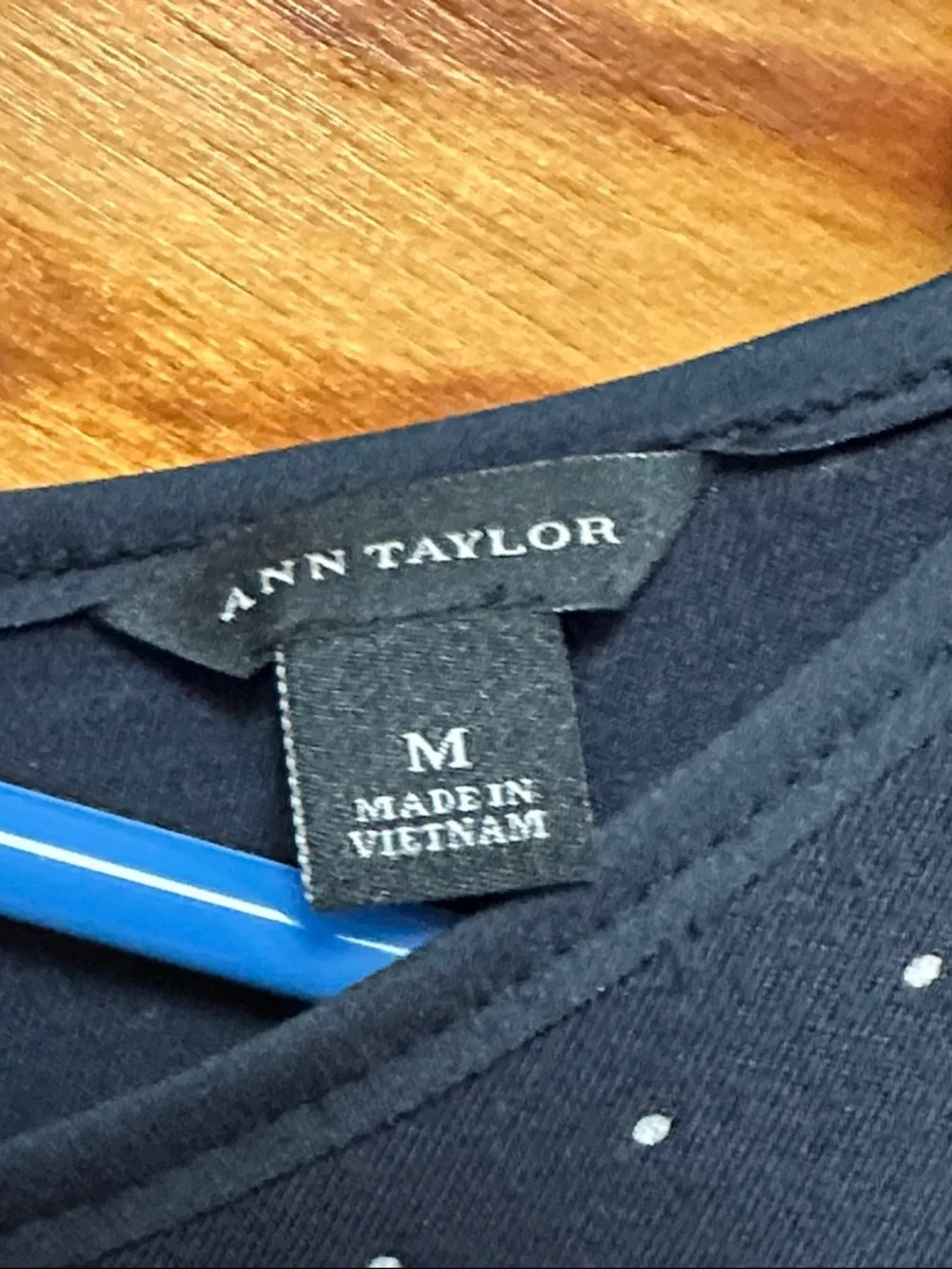 Ann Taylor Navy Blue Short Sleeve Tee with white polka dots. Minor pilling - Picture 2 of 9